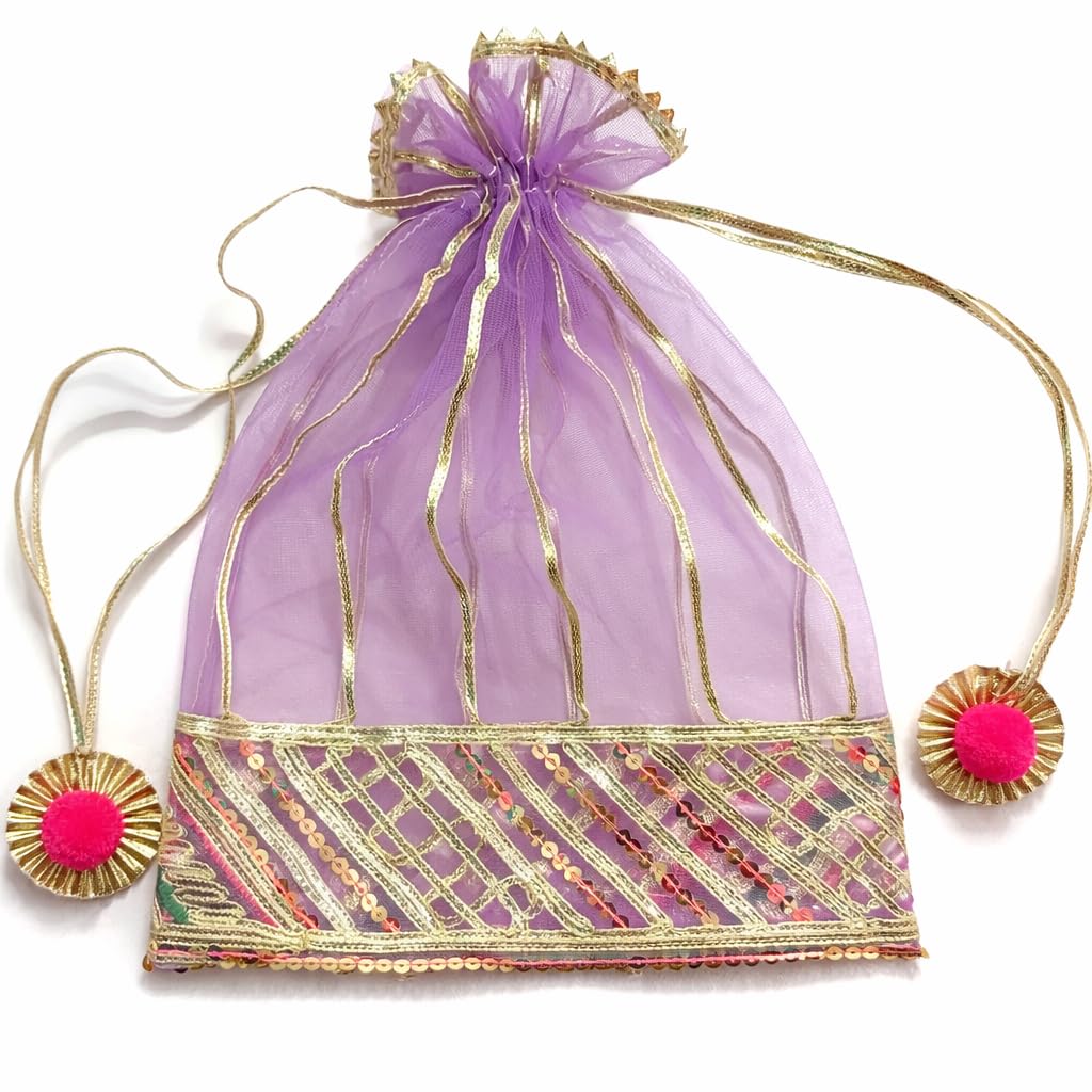 Elegant Purple Net Potli Bag with Gota Patti Work, 20x24 cm, Pack of 6-image-11