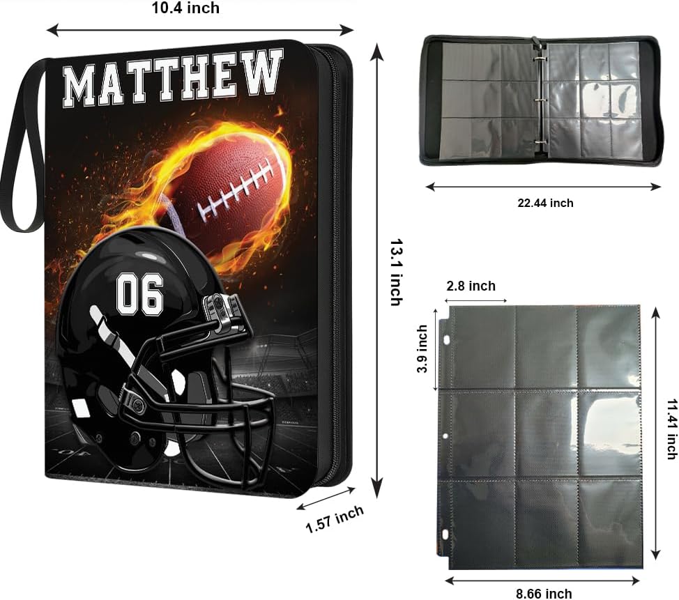 Personalized Football Card Binder Album with Name & Number Sports Trading Card Holder Organizer, Collectible Storage Book for Football Fans (Football Helmet on Fire)