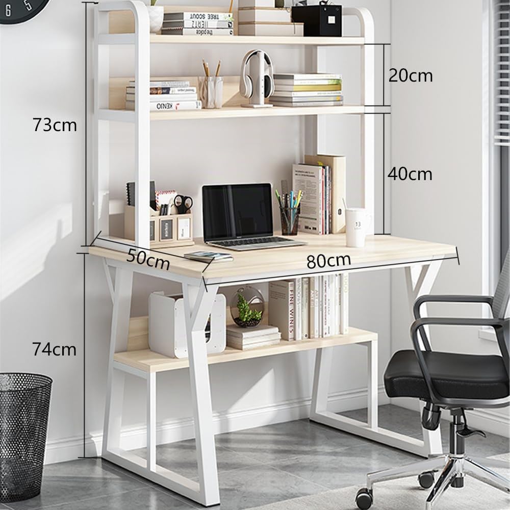 80 x 50 cm, Scrivania per Computer a 4 Livelli, con Vano Portaoggetti, con Libreria, Tavolo per Ufficio, Studio, Camera da Letto, Bianco e Beige Chiaro