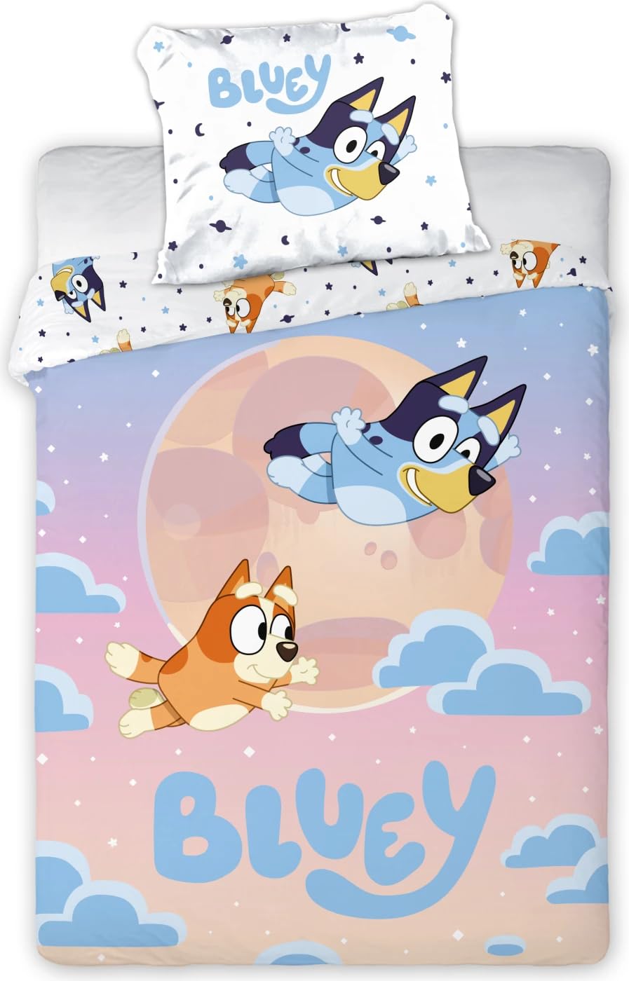 Bluey Bingo Gwiazdy Pościel 140x200 + Poszewka 65x65 Bawełna Oeko-Tex | Odwracalna pościel jednoosobowa | Bawełna naturalna oddychająca Oeko-Tex | Oficjalna licencja | 3-8 lat | Dekoracja pokoju