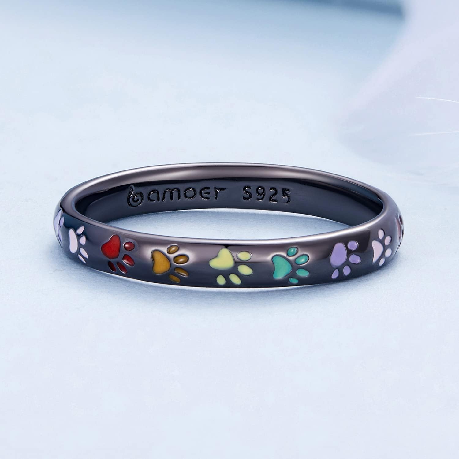 BISAER 3mm 3.4mm Paw Print Ring S925 Sterling Silver Ring Puppy Dog Cat Paw Ring, Multicolor Pet Print Enamel Ring for Women Size 5-10