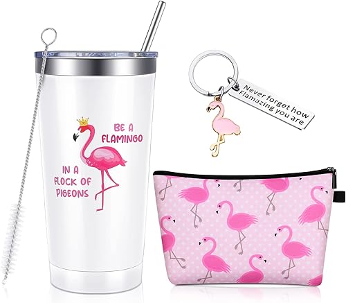 Miniatura 1 de 3 piezas de regalos de flamenco para mujeres, incluyendo lindo vaso de vino de acero inoxidable con popote y cepillo, llavero motivacional de