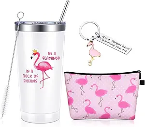 3 Pcs Flamingo Gifts for Women Including Cute Flamingo Stainless Steel Wine Tumbler with Straw and Brush Motivational Flamingo Keychain and Cosmetic Bag (Flamingo, 20 oz)