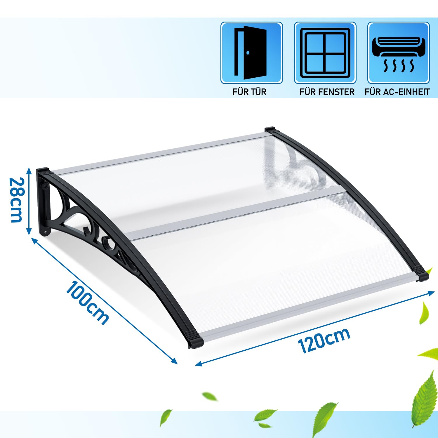 Vordach für Haustür 100x120 cm, Pultbogenvordach aus Transparentem Polycarbonat 5.2 mm mit Aluminiumrahmen, Türdach außen Wetterfest, Regen- Schnee- und UV-Schutz