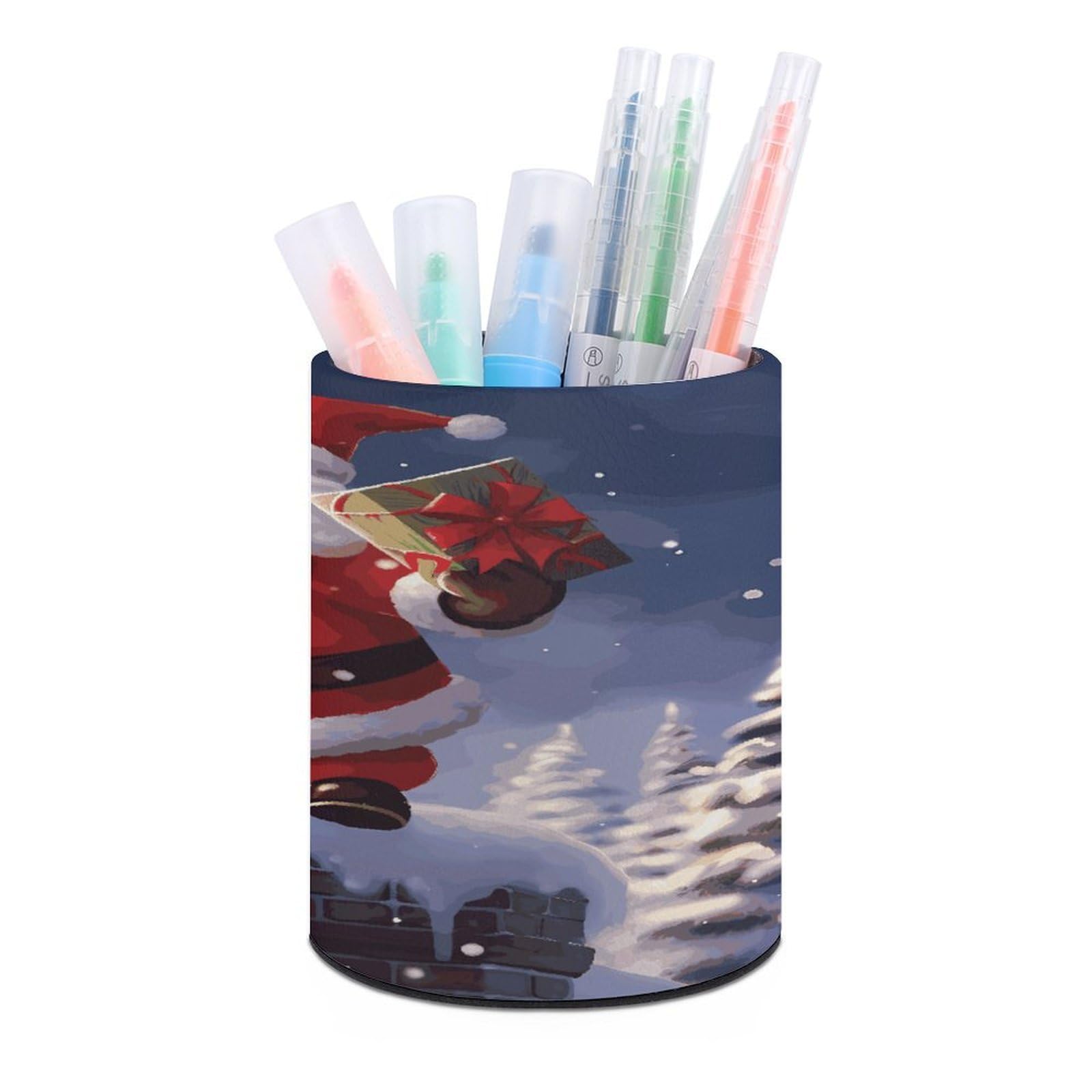 LDGSUPH Merry Christmas Santa Round Pen Holder Leather Pen Cup Pencil Cup Pen Organizer Pencil Holder for Desk Organizer Pencil Organizers Makeup Brush Holders for Home Office Gift
