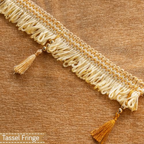 Image of HOKIPO 'Serenity Tassel' Chenille 2 Seater Sofa Cover with Tassel - Sunlit Amber (IN-891-GLD)