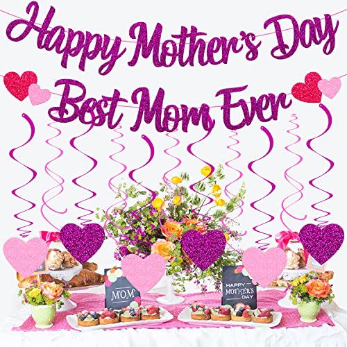 Happy Mother's Day Decorations Happy Mother’s Day Best Mom Ever Banner Heart Hanging Swirls Flower Love Crown Themed Party Decorations For Women Happy Mother's Day Celebration Supplies #TOP3