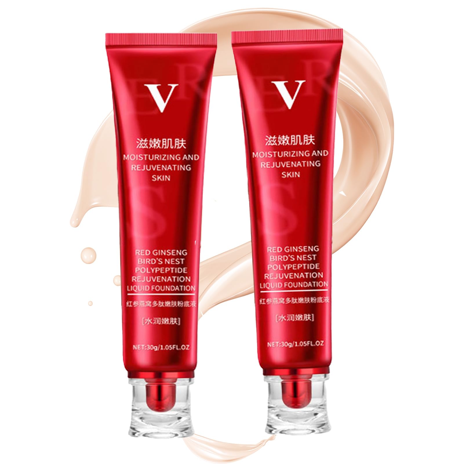 FV Foundation Waterproof Red Foundation FV Red Ginseng and Bird's Nest Peptide Skin Nourishing Foundation Red Ginseng Liquid Foundation 1 oz (Lvory+Pearl white)
