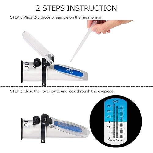 Vista 5 de Refractómetro Brix con ATC para hierba de cerveza, vino, fruta, azúcar, medidor de cerveza casera, doble escala Brix 0-32% y gravedad específica