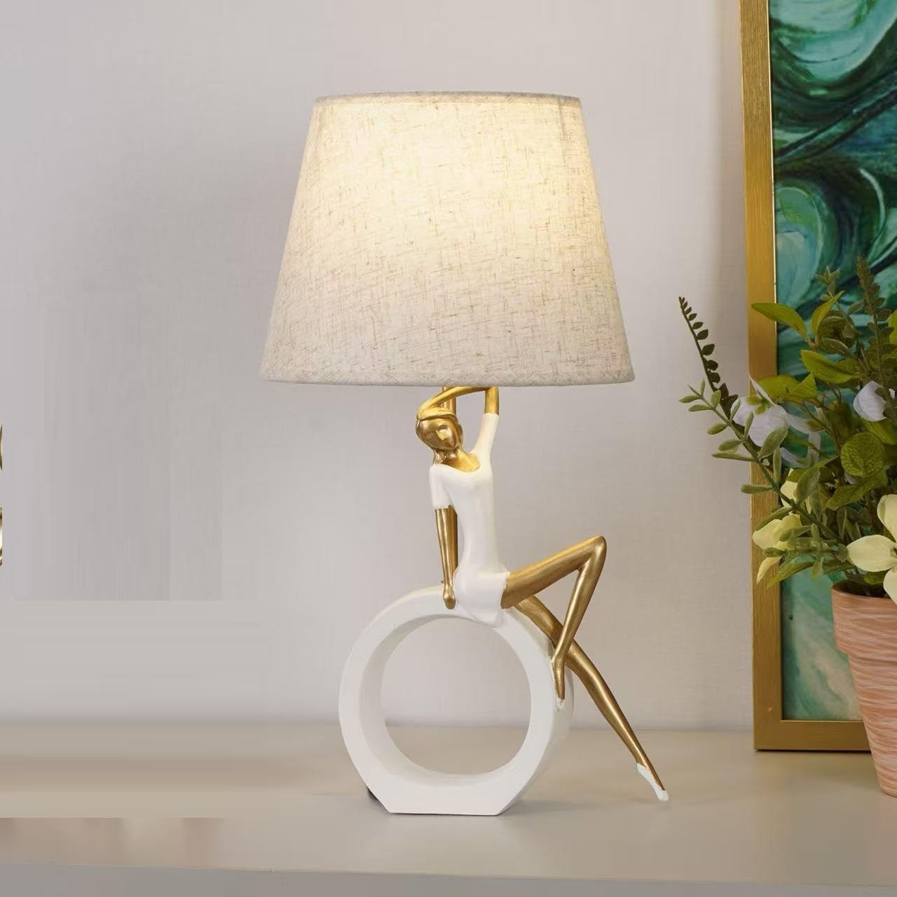 Girl Artwork Decorative Table Lamp, 19 inch Modern Bedside Lamp with Linen Shade, Blue and Gold Resin Base, LED Bulbs Included (White and White)