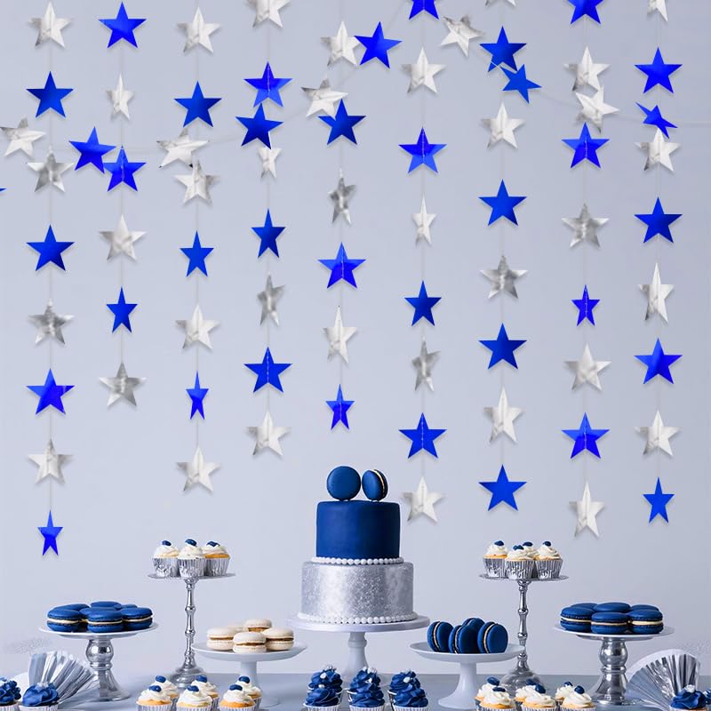 Image of Blue Silver Shining Star Hanging Garland Blue Silver Hanging Sparkling Star Streamer Bunting Banner Twinkle Backdrop for Wedding Baby Shower Birthday Christmas Decorations 40 Feet