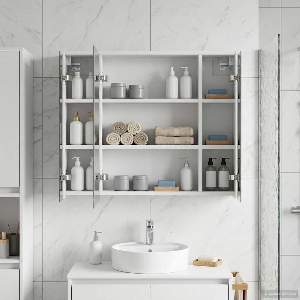 Armadietto da bagno con specchio in legno bianco, 73,5 x 16 x 62,5 cm, con ripiani regolabili, montaggio a parete, per mobili da bagno e salvaspazio nella stanza degli ospiti e nella