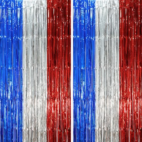 Image of Voircoloria 2 Pack Blue Red Silver Foil Fringe Backdrop Curtains, Tinsel Streamers Party Decorations, Fringe Backdrop, Door Shimmer for Independence Day or Birthday Party