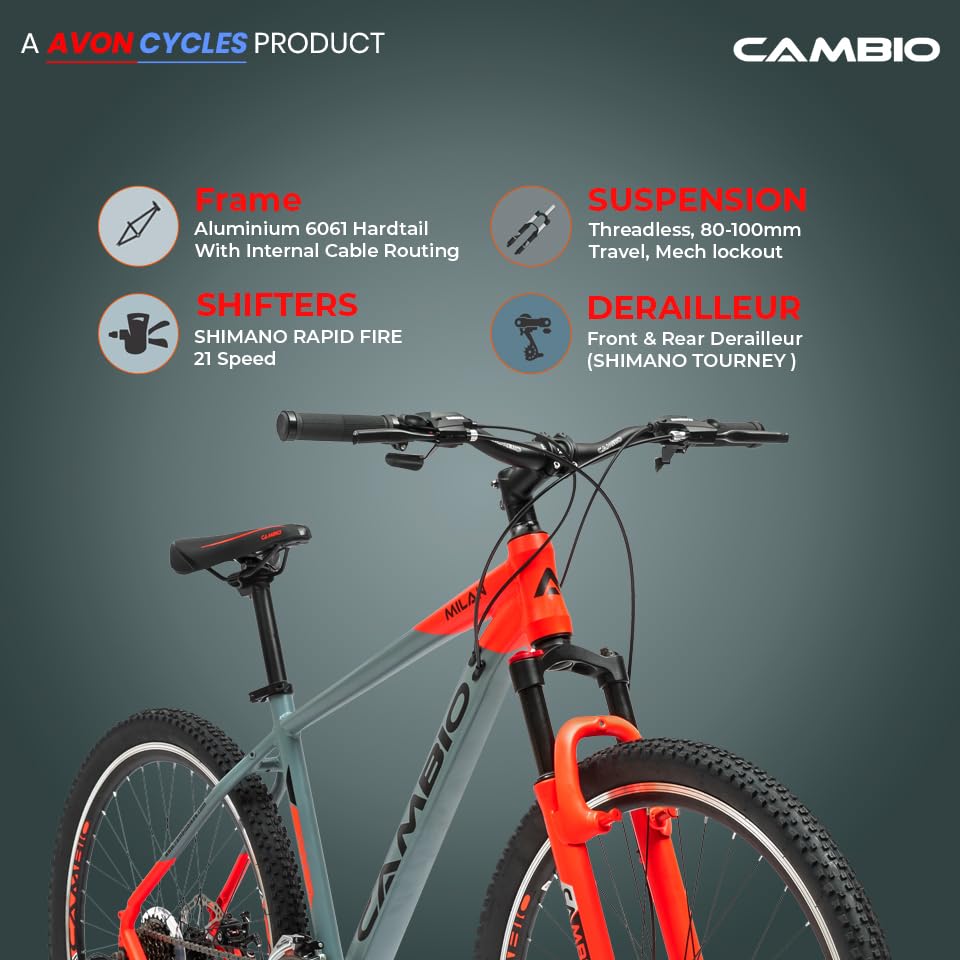 Image of Cambio Milan 26T MTB Aluminium Frame, Threadless Mech Lockout Suspension, Shimano Rapid Fire 21s Gears Cycle Matt Grey /Floro Red Two Tone