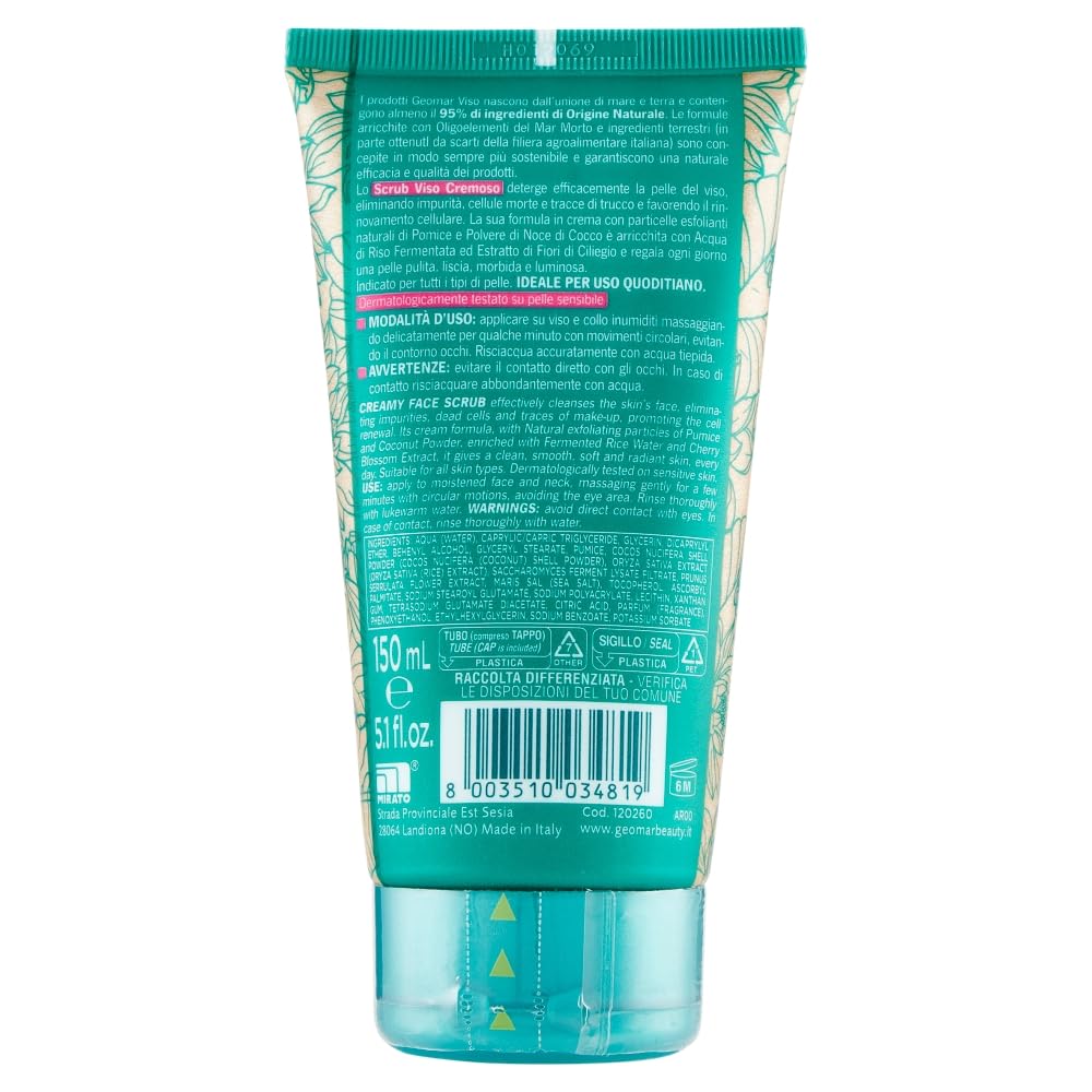 GEOMAR | Scrub Viso Detergente Cremoso, Con polvere di Noce di Cocco, Acqua di Riso e Fiori di Ciliegio, 95% di Origine Naturale, Made in Italy, 1 x 150 ml