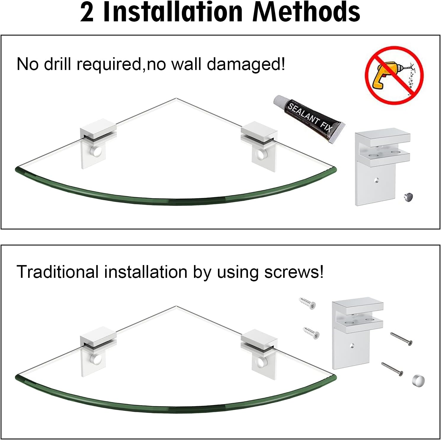 JANARARY 9.5 in. L x 9.5 in. W Clear Glass Corner Shelf with Strong Adhesive, 0.3 inch Thick Tempered Glass Bathroom Shelf Wall Mounted No Drilling, 2 Pack with Special “F” Design Aluminum Brackets : Tools & Home Improvement