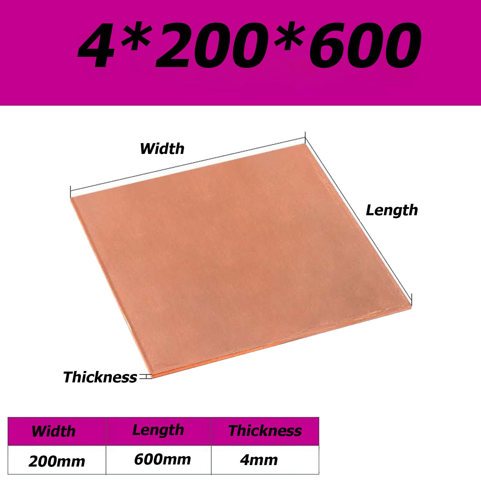 99% de Chapa de Cobre Puro, Grosor de 4 mm, Placa de Metal de Cobre para Manualidades en Metal, impresión de,4 * 200 * 600