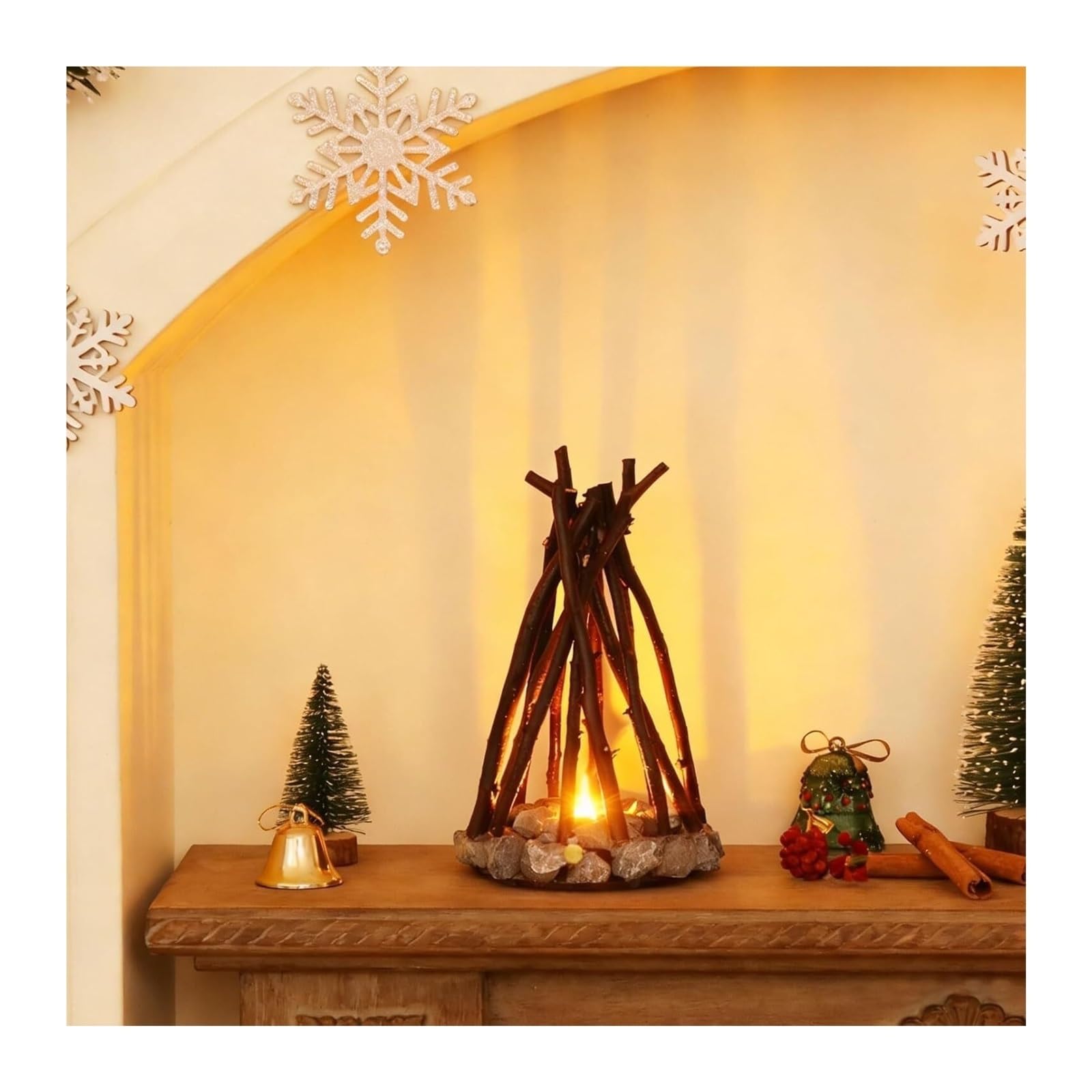 HELCEKOU Wooden Campfire LED Night Light – 3 Modes & Flame Sound, Dimmable USB Powered Simulated Bonfire Lamp for Kids Bedroom Office(30cm)