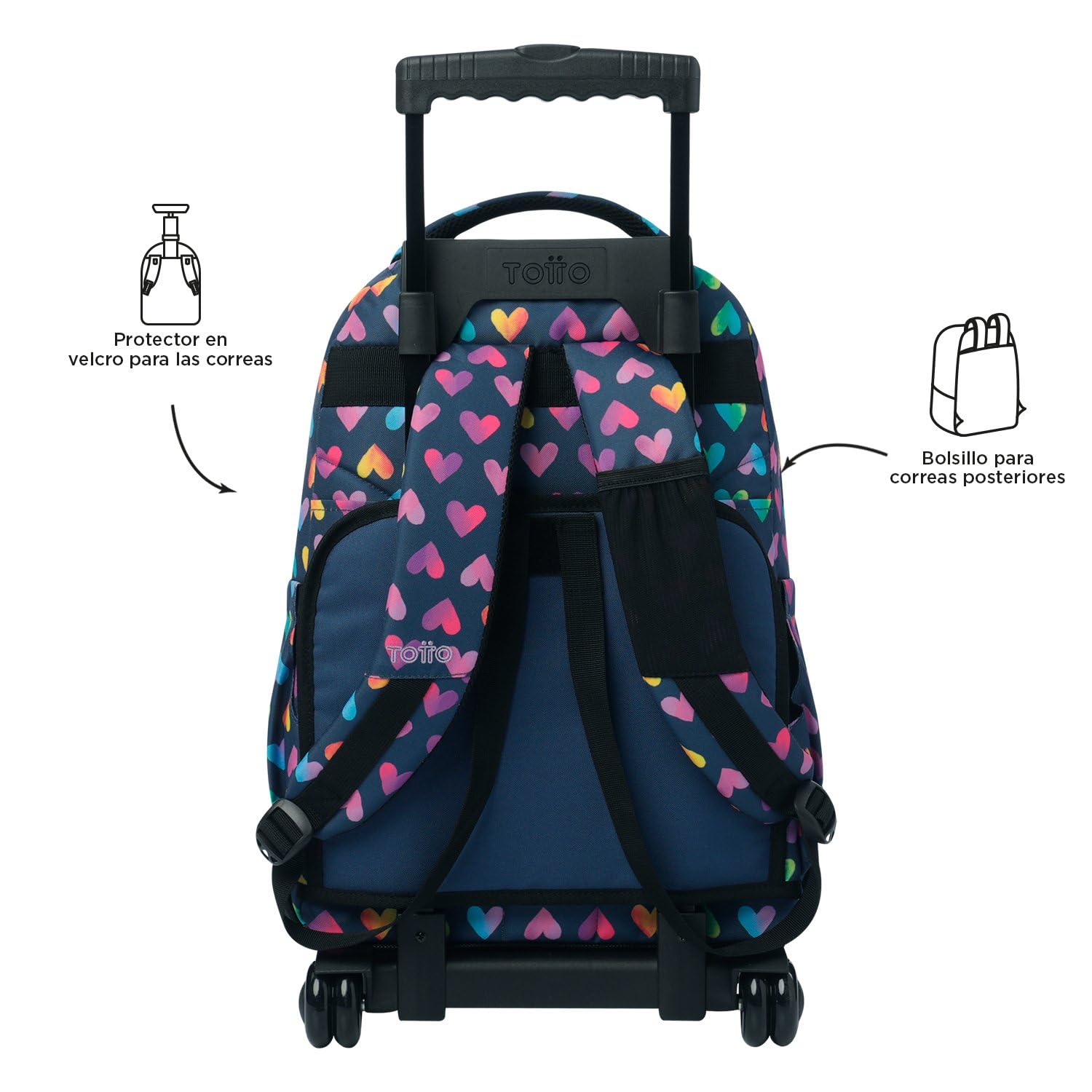 TOTTO - Mochila Escolar con Ruedas, Modelo Renglones, Capacidad 26,21 Litros, Bolsillo para PC 14", Bolsillo Botella, Correas en S para Mayor Comodidad, Resistente, Estampado Latty