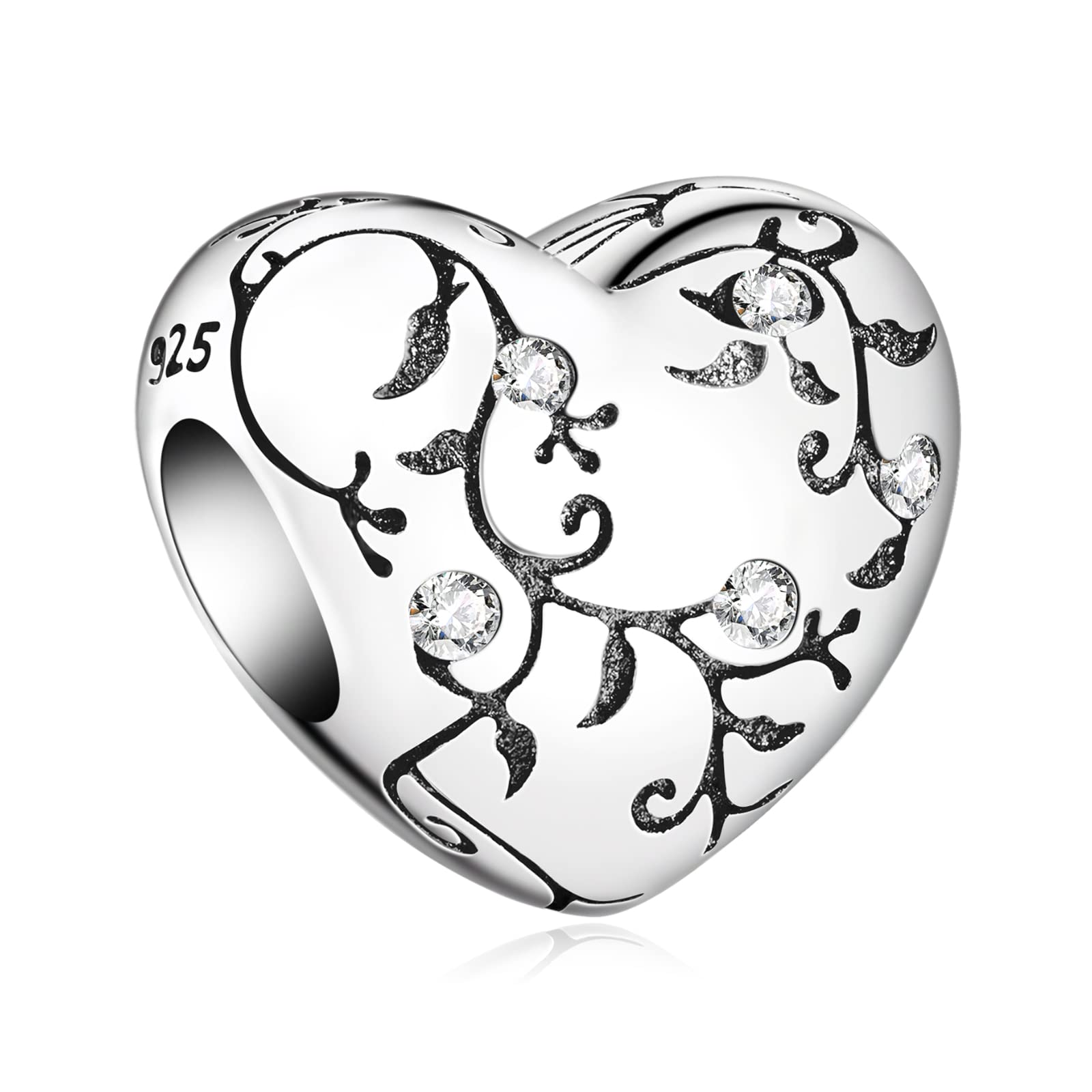 H.ZHENYUE Jewelry Women's Tree Texture Heart Beads fit Bracelet Necklace for Woman Girls,925 Sterling Silver Pendant Beads with Cubic Zirconia,Birthday Christmas Halloween Valentine's Day Gifts