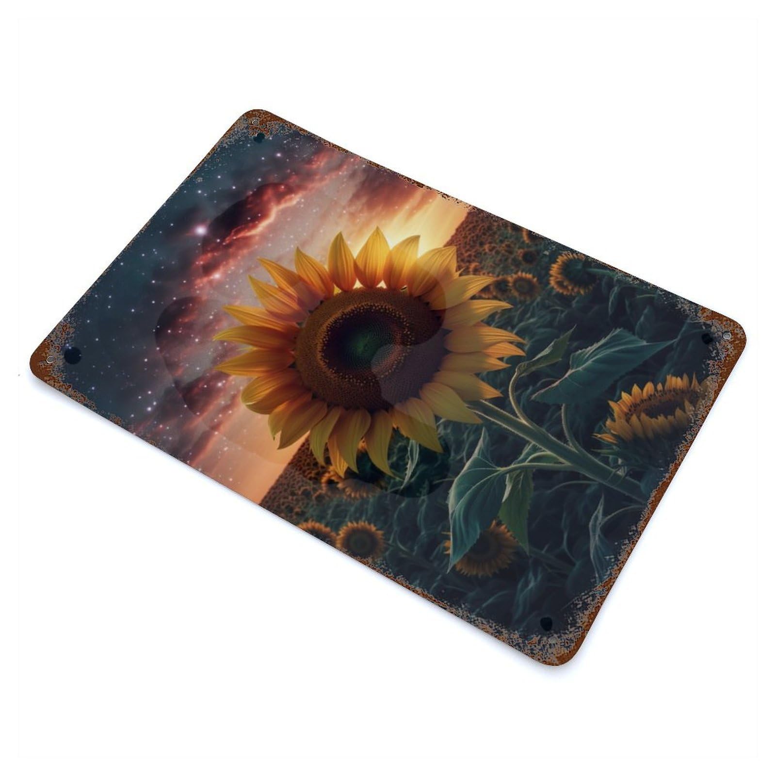 Sunflower Field Night Sky 11.8"x7.9" Vintage Metal Tin Sign, Novelty Wall Decor for Basement, Hobby Room And Garage Decor