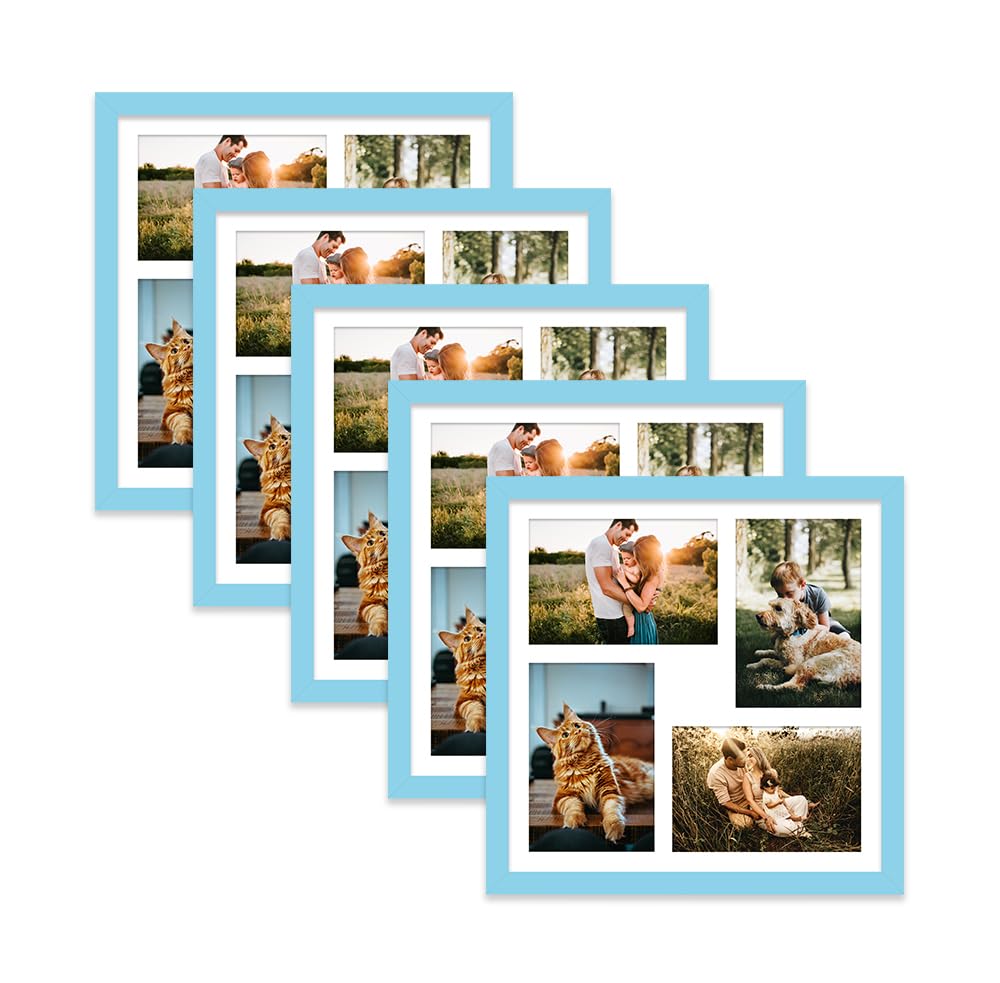 Light Blue Multi Photo Frame - Holds 4 x 6x4 Pictures, Family Collage Picture Frame for Wall Display, 12x12 Frame size, Set of 5
