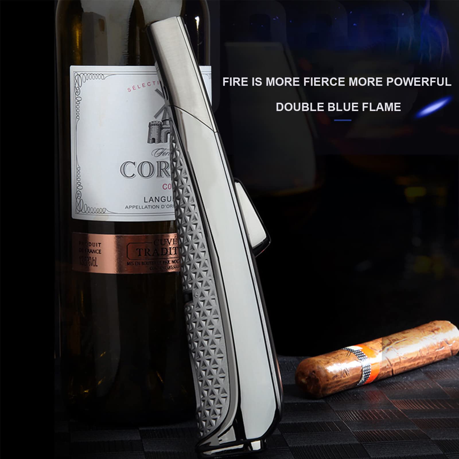 Briquet Torche Rechargeable Au Butane Briquet à Flamme à Jet Réglable avec Verrouillage Coupe-Vent Coupe-Vent pour Hommes (Butane Non Inclus)