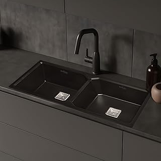 Benelave by Hindware BLACP91001 Quartz Sink 45x20x10 for Kitchen | Double Bowl | Black Color | Better Sound Absorption for... Price In India