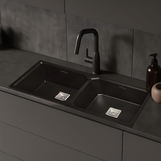 Benelave by Hindware BLACP91001 Quartz Sink 45x20x10 for Kitchen | Double Bowl | Black Color | Better Sound Absorption for...