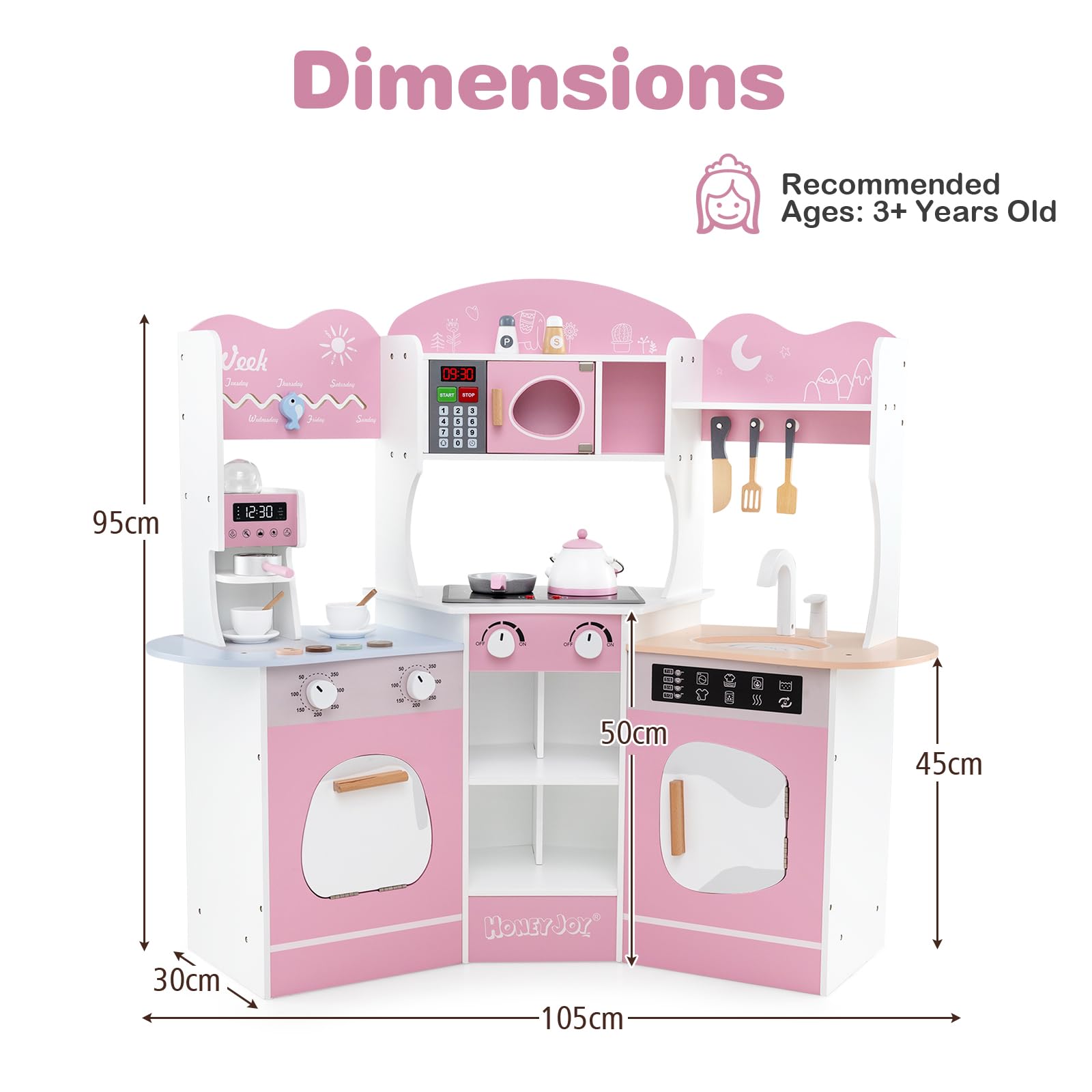 HOMASIS Kinderküche mit Licht & Sound, Spielküche mit 16 Spielzubehör, Küchenset mit Kaffeemaschine Spüle Mikrowelle Ofen Waschmaschine, Spielzeugküche Holz, Eckküche für Kinder ab 3 Jahren (Rosa)