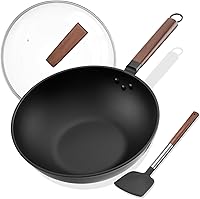 Todlabe 13 Inch Carbon Steel Wok with Glass Lid & Silicone Spatula - Pre-Seasoned Nonstick for Induction, Gas, Electric Stoves