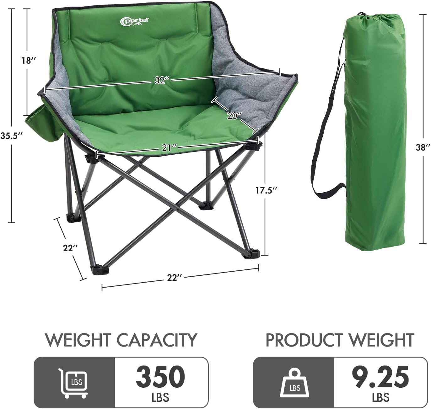 Portal 32" Oversized Camping Chair, Foldable Heavy Duty 350 lb Padded Ergonomic Seat for Big & Tall Adults, Pinch-Free Extra Wide Design Featuring Cup Holder & Carry Bag for Fishing, Lawn & Sidelines - Image 3
