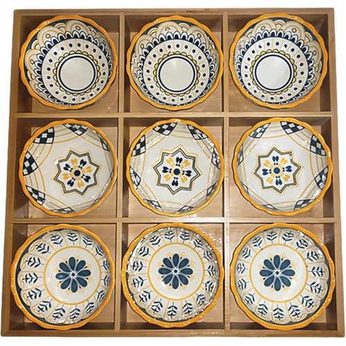 陶器小皿セット 前菜皿 9点セット スナック皿 Kisigim 仕切り竹製トレー付 小鉢 おかずや醤油などを入れ 調味料皿 和食器 焼肉店、寿司店用 (E)