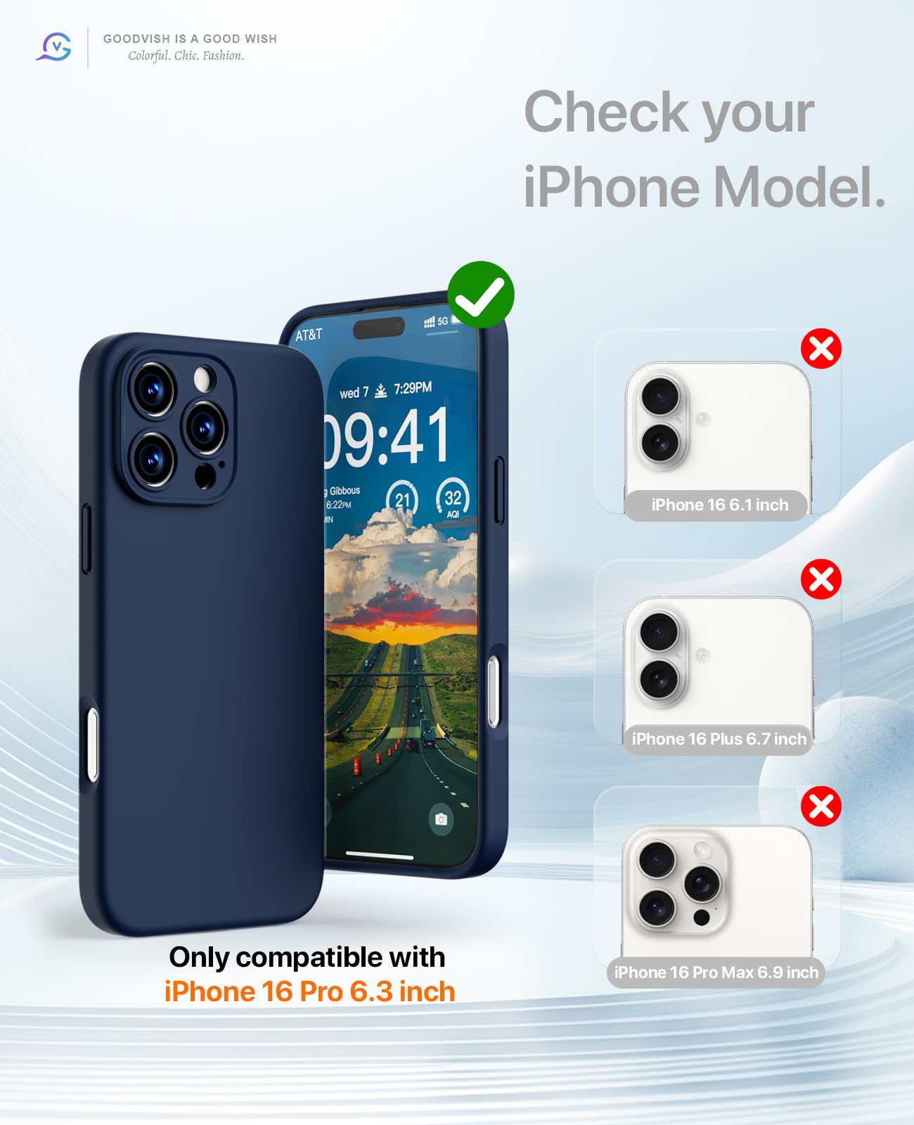 GOODVISH 3 in 1 Silicone Cover per iPhone 16 Pro 6.3", Custodia con 2 Pellicola Vetro Temperato [Protezione Fotocamera] 360° Protezione Anticaduta Case per Cellulare Antiurto Resistente, Navy Blu