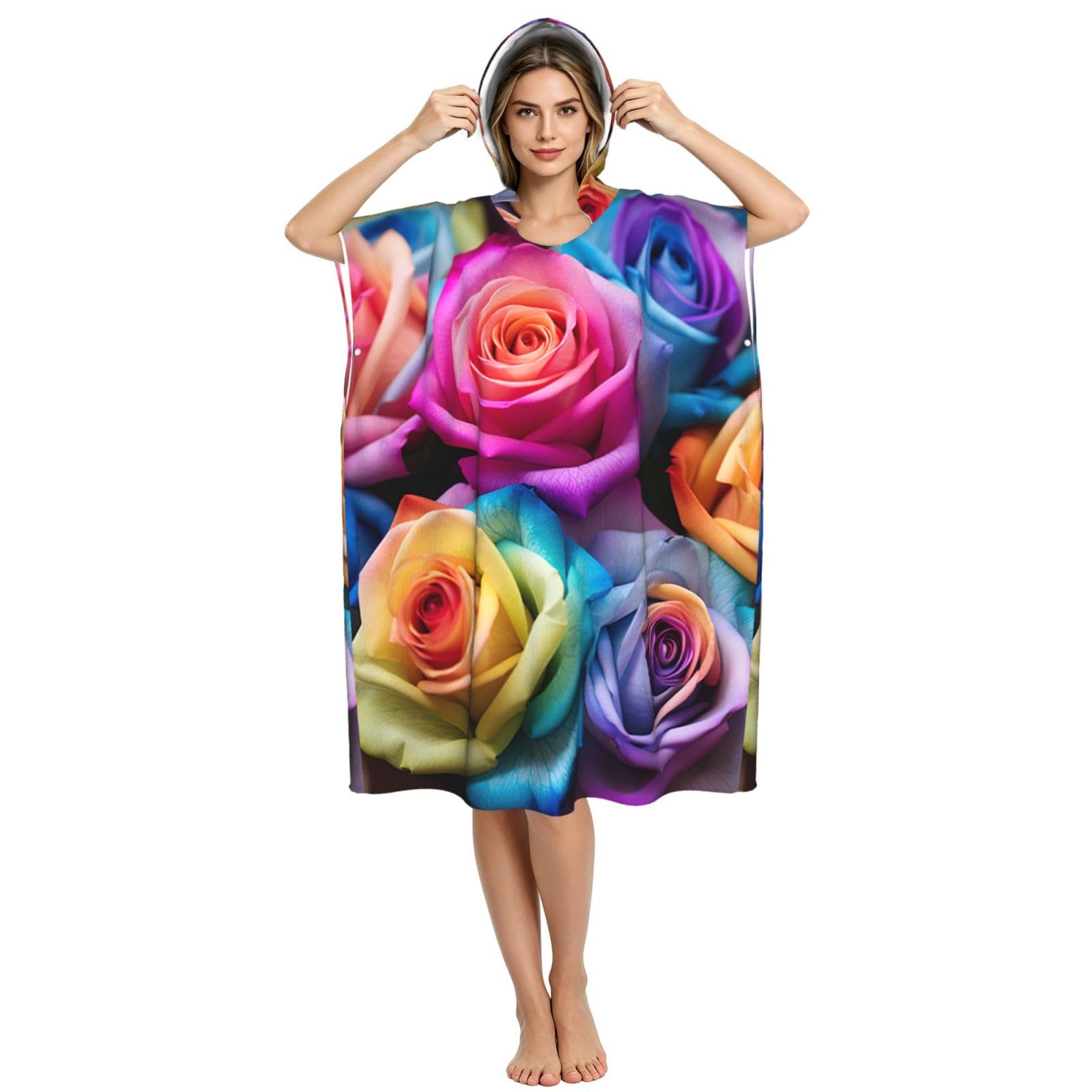 Yyoretp Rainbow Roses Print Surf Poncho Changing Towel Swim Robe Hoodie Quick Dry Terry Cloth Swimming Cover Up