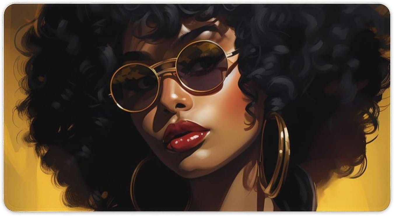 Black Girl Magic Afro Glasses Desk Mat Large Laptop Desk Pad Extended Lock Side Mouse Pad for Gamer and Home