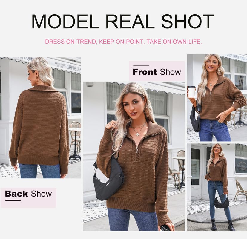 Image of Dokotoo Womens Quarter Zip Pullover Turtleneck Sweater Long Sleeve Fall Outfits Ribbed Knit Winter Sweaters