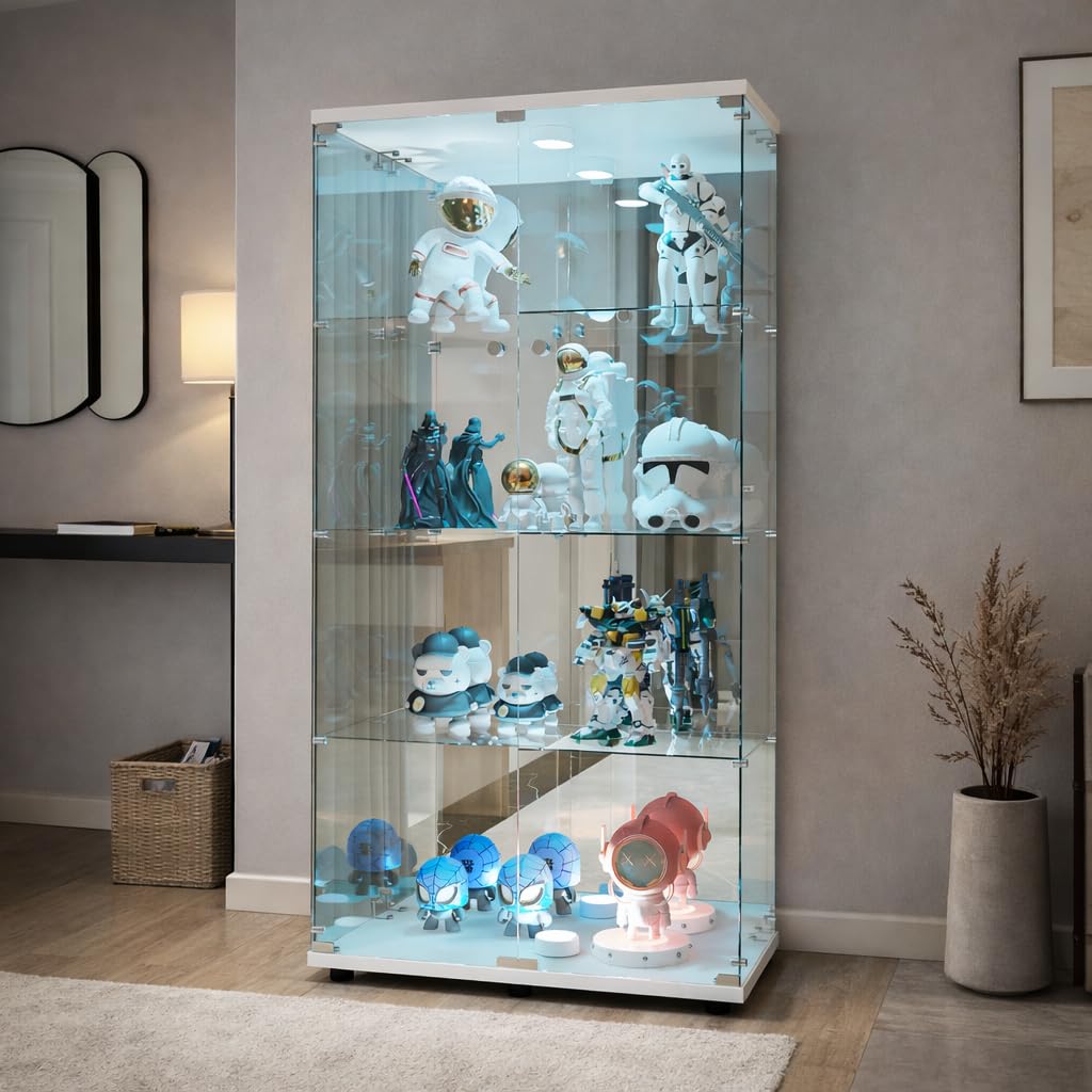 Glasvitrine Stehend mit LED, Abschließbare Sammlervitrine mit Spiegelrückwand, Standvitrine aus Gehärtetem Glas mit 2 Tür und 4 Einlegeböden, für Wohnzimmer, Schlafzimmer, Büro (Weiß)