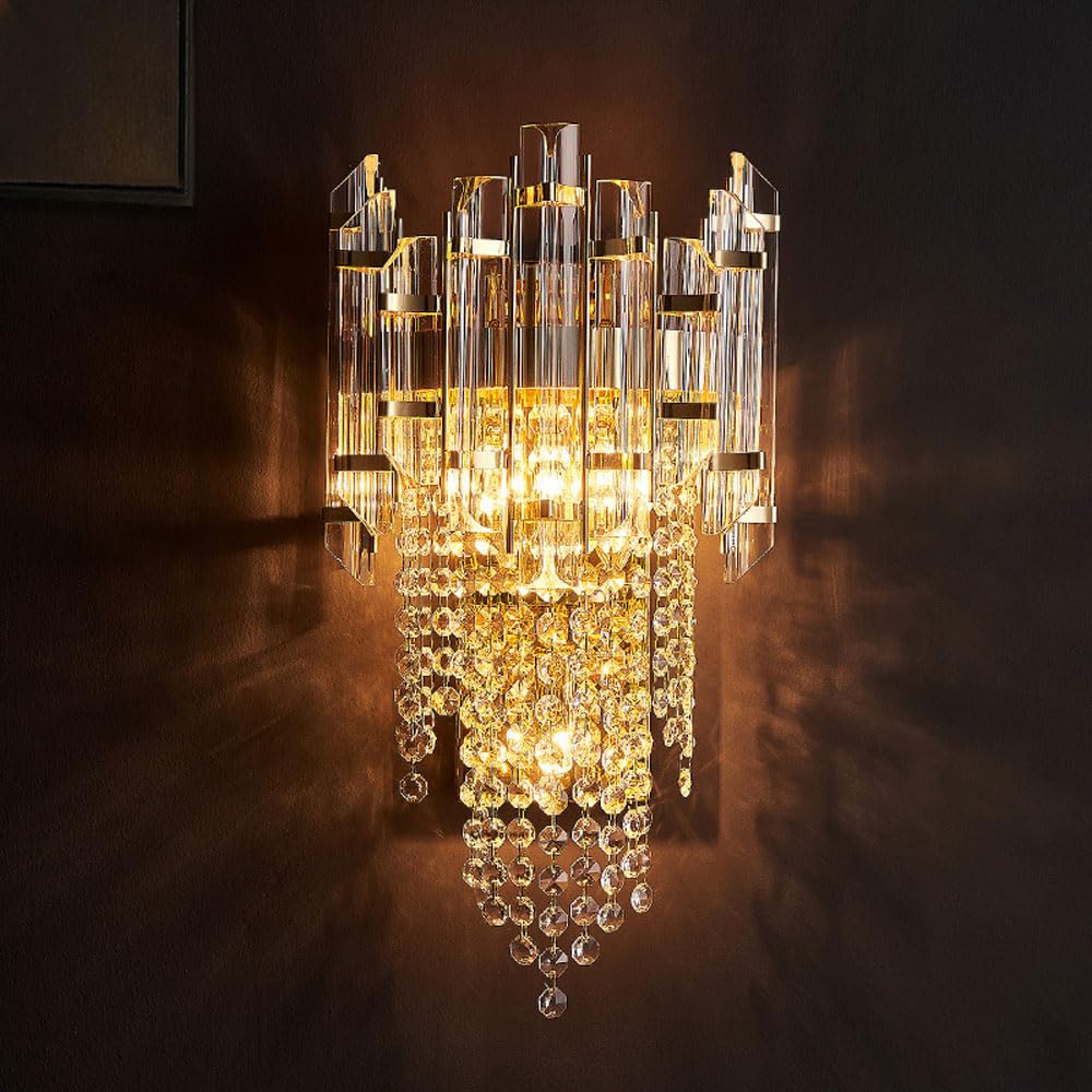 MYUYEE Crystal Wall Sconces, 2-Light Wall Light Sconces With 3-Tiers K9 Crystal Shade, Crystal Wall Mount Lamp For Bedroom Living Room Hallway