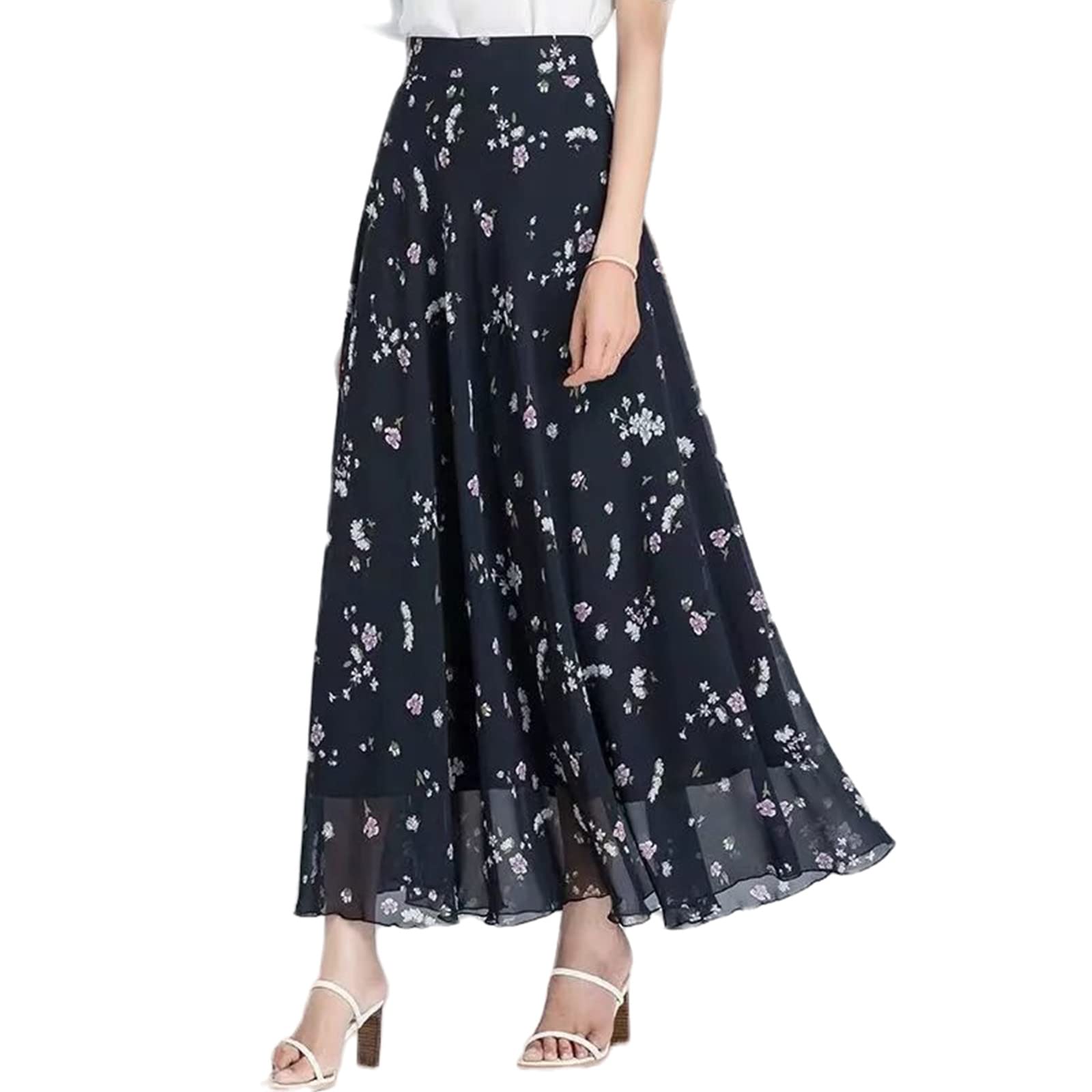 URYYRIT Strandkleid Chiffon Blumensommerrock Mitten In Großer Größe Langer Rock Big Swing Beach Seaside Dancing Feenrock