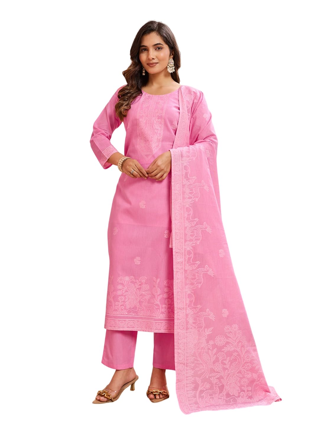 Women's Beautiful Jacquard Work Heavy Pure Cotton Stitched Flared Regular Kurta with Pure Cotton Pant and Heavy Pure Dupatta Sets for Any Occasion for Women-image-1