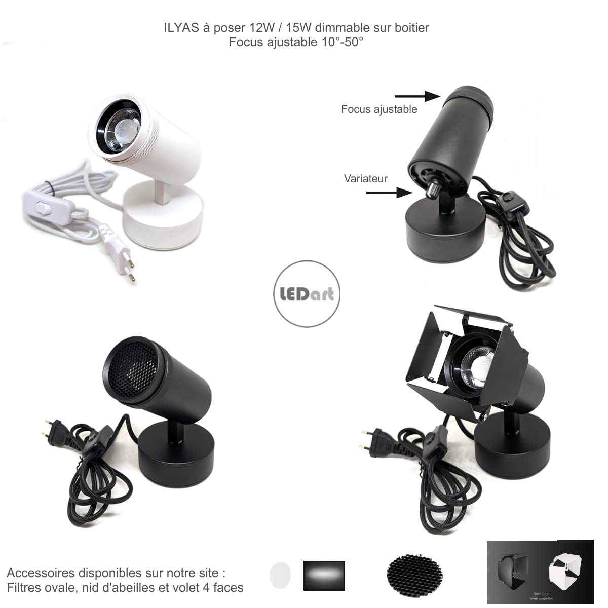 ILYAS - Faretto da tavolo dimmerabile da 12 W, con angolo di messa a fuoco regolabile da 10° a 50° Ra90 3000 K, illuminazione per quadri ed effetto luminoso (nero)