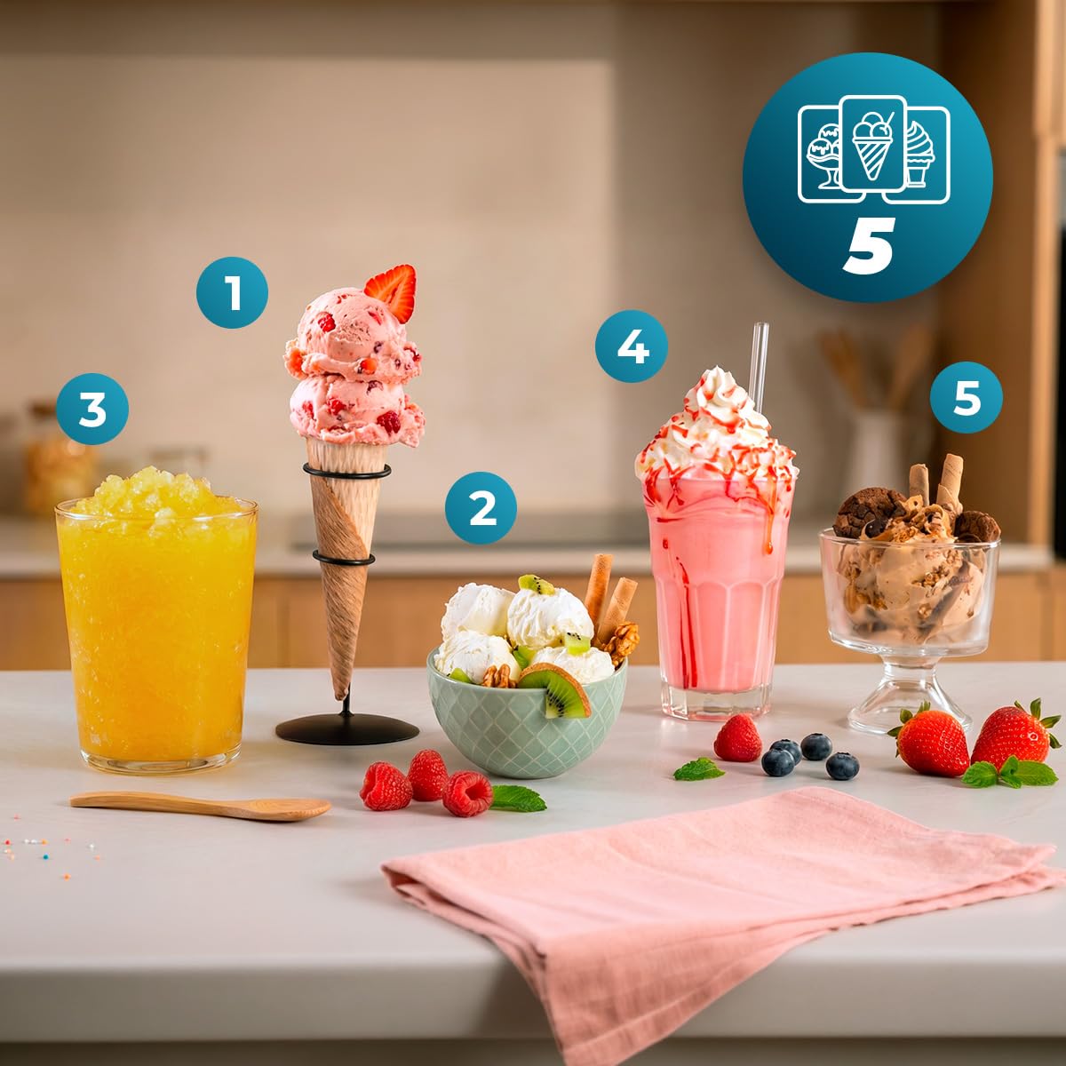 Cecotec Eismaschine Gelatec EasyMove, 5 Programme für Eis, Sorbet, Mix-ins, Slush und Shake, vertikales Rührsystem, Eis in 5 Min, 3x 260 ml Becher, Klinge abnehmbar, spülmaschinenfest, mit Deckeln