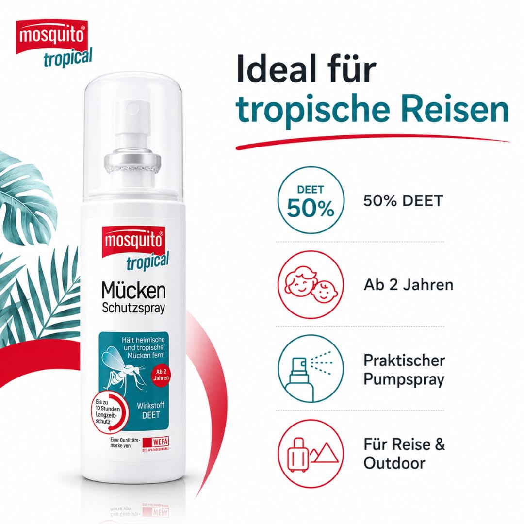 Mosquito tropical Mücken-Schutzspray 100 ml I Insektenschutz mit 50% DEET I für Reise & Outdoor I bis zu 10 h Schutz I für tropische & subtropische Regionen I mit Pharma Perle Duschgel (3, 100ml)