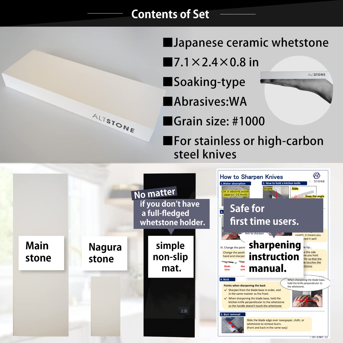 ALTSTONE - Pierre à Aiguiser Grain 8000 Avec Nagura - 18x6x2 Cm - Fabriquée Au Japon - Pour Couteaux Acier - 3