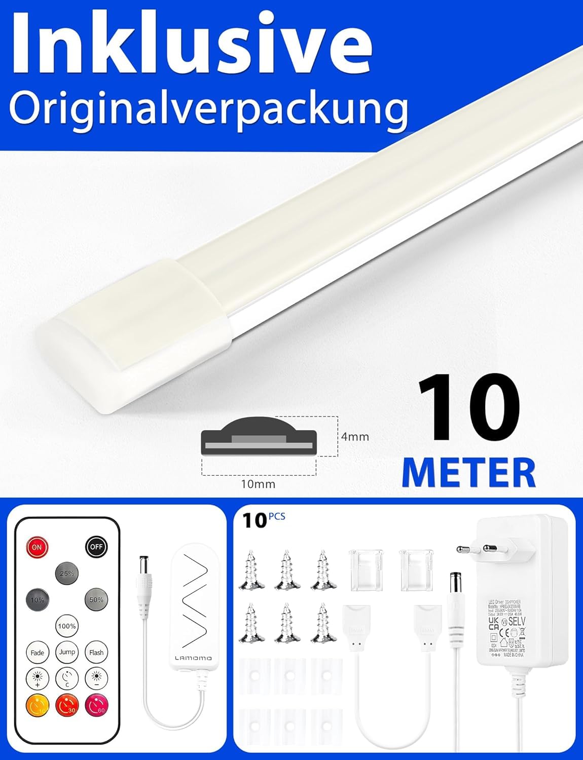 Lamomo COB LED Streifen 10M, Weiß Dimmbar Neon Led Leiste, Wasserdicht 6000K Led Strip mit Fernbedienung Schnellverbindern, Silikon Flexibel Band für Schlafzimmer Innen Außen, CRI90+