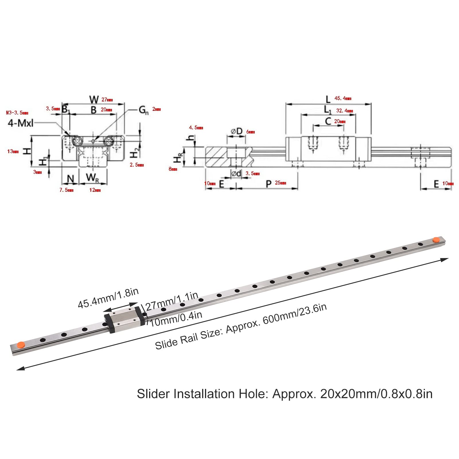 NDNCZDHC Linear Guide Rail 600mm Locked Type Linear Motion Sliding Gide with 1.8x1.1x0.4in Slider 20x20mm Slider Installation Hole