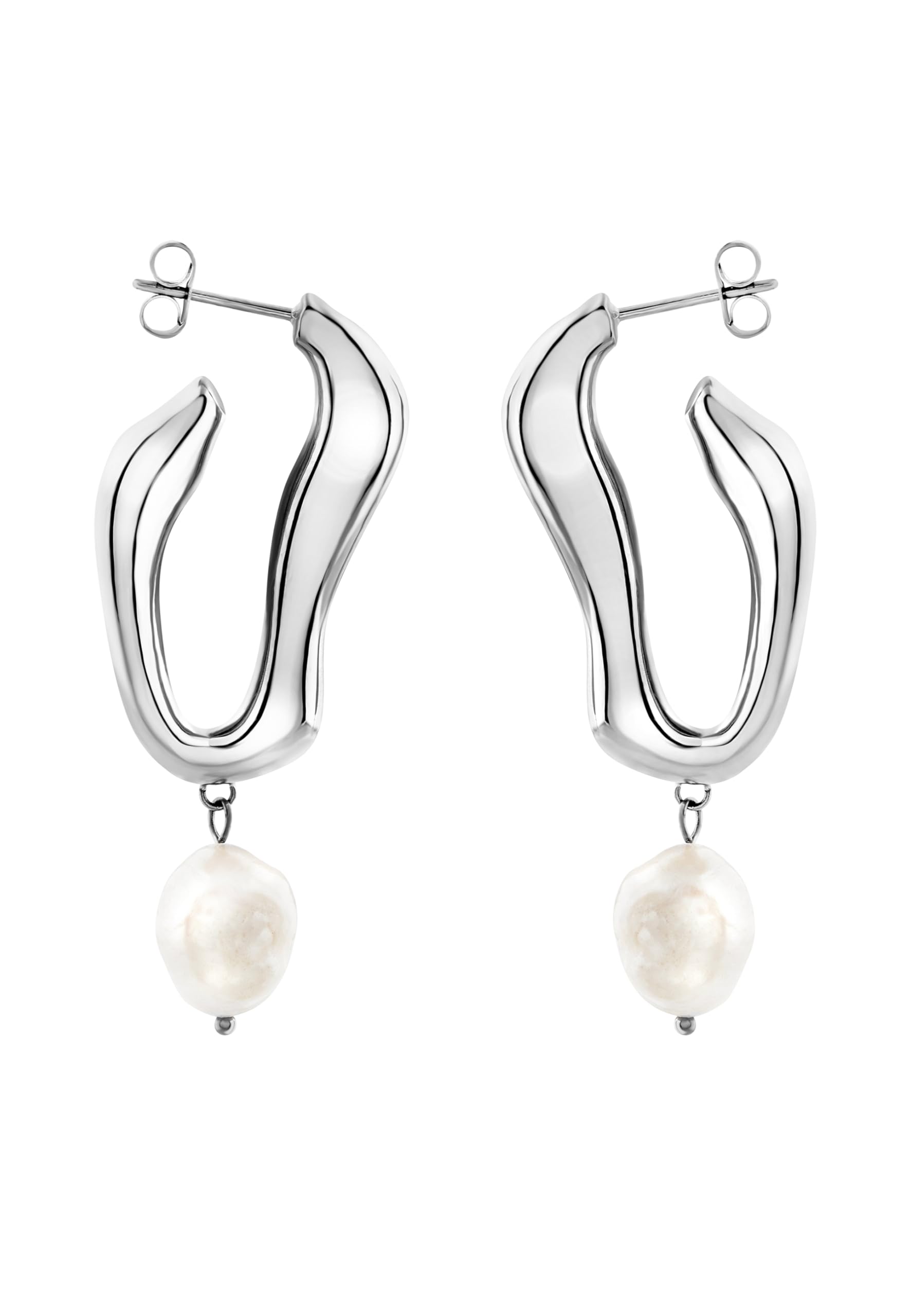 Breil, Collezione Alchemy, Orecchini Donna, Orecchini in Acciaio Lucido Silver con Pendente Perla d’Acqua Dolce, Forma Fluida, Chiusura a Farfalla, Dimensioni 45×19 mm, Idea Regalo Donna