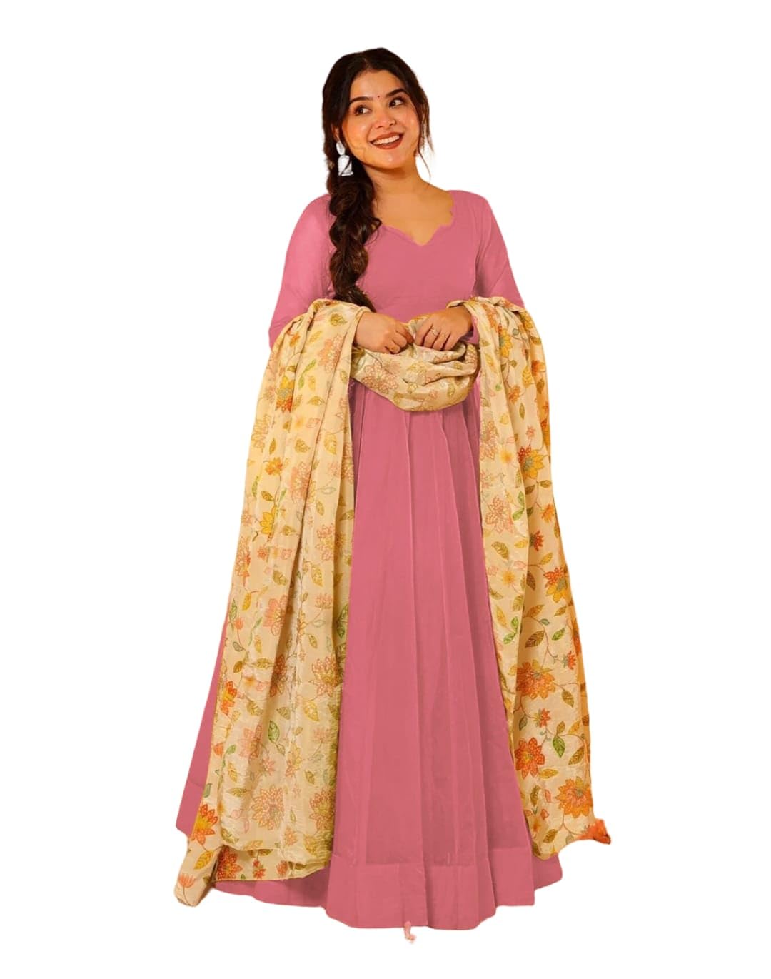 Women's Anarkali Gown with Floral Digital Print Dupatta, Pink & Teal, Teby Silk, V-Neck, Ethnic Wear (in, Alpha, M, Pink)