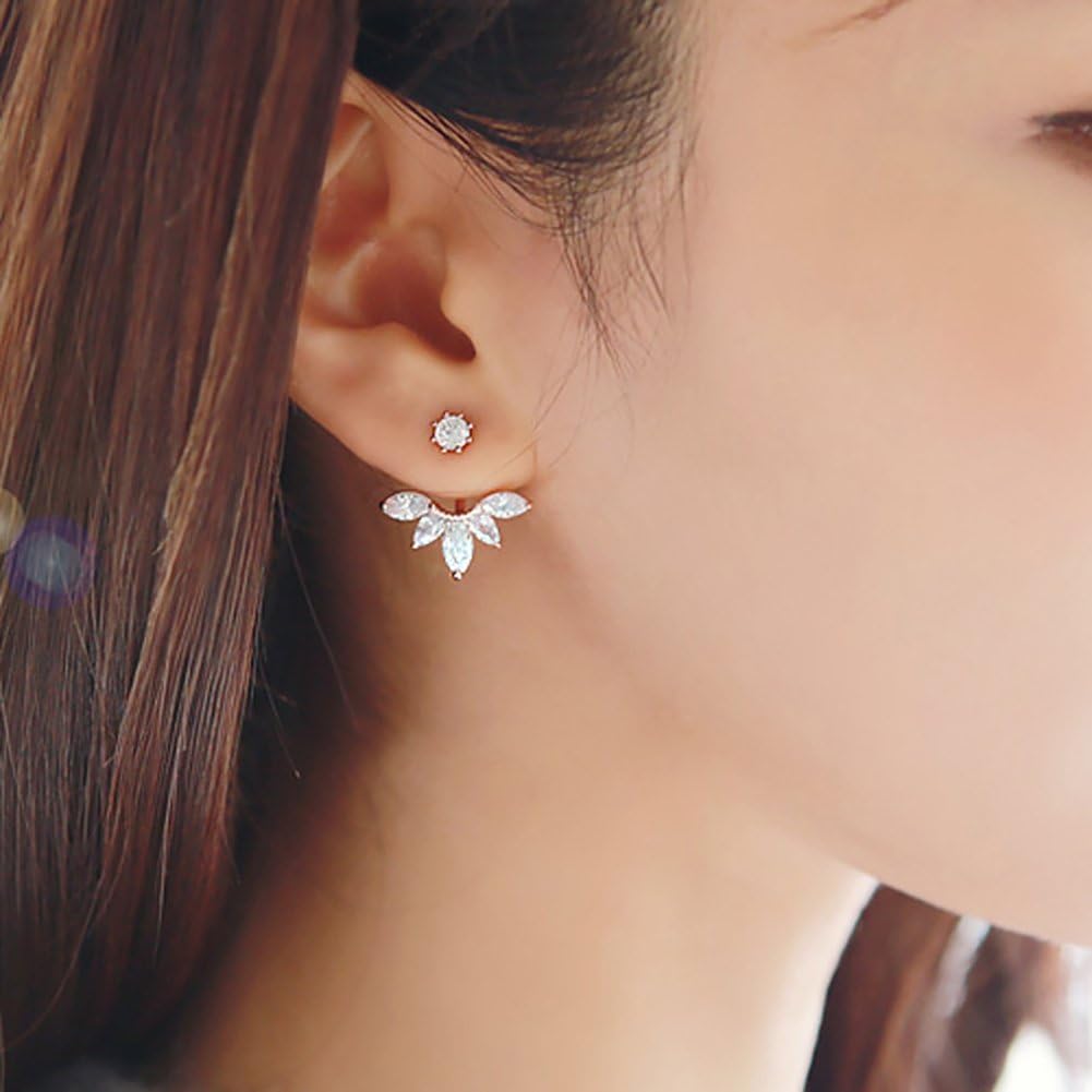 925 Sterling Silver Cubic Zirconia Earrings Leaf Feather Ear Jacket Front Back Ear Cuffs Stud Earring